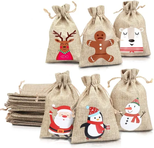 Vista 2 de Bolsas de yute y arpillera de Navidad de LOKIPA, bolsas de yute y lino de Navidad con cordón para regalos y dulces de Navidad (12)