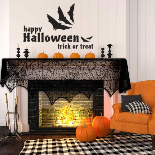 Vista 4 de Decoración de chimenea de Halloween, suministros de fiesta festiva, tela de araña de encaje, cubierta de bufanda negra para chimenea, bufanda