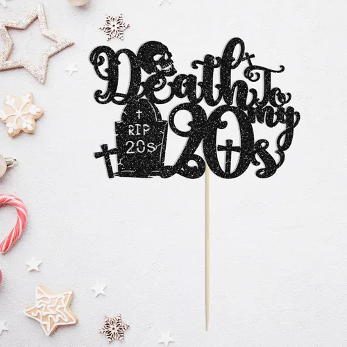 Vista 4 de 1 paquete de decoración negra para tarta de 30 años con purpurina de "Death to My 20", decoración para pastel de 30 años, decoración de fiesta