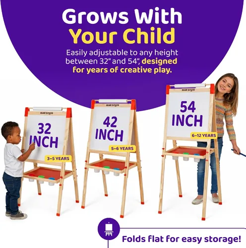 Vista 5 de Caballete de arte Blue Squid para niños con rollo de papel x 3, incluye más de 100 accesorios, caballete de pintura de madera ajustable de doble