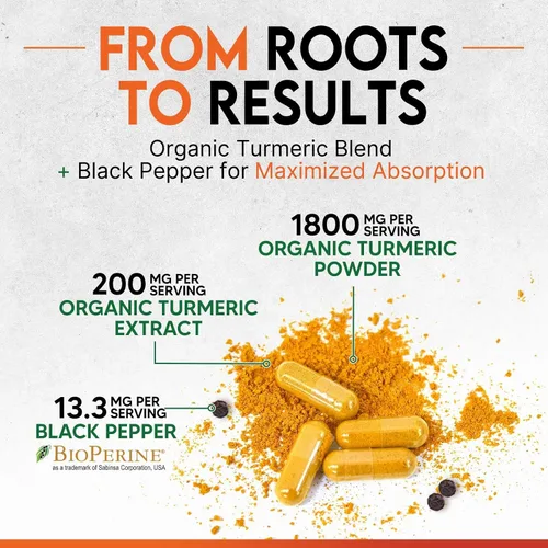 Vista 7 de Suplemento de curcumina de cúrcuma – 1800 mg de cúrcuma orgánica por porción – 95% de curcuminoides y extracto de pimienta negra BioPerine para una