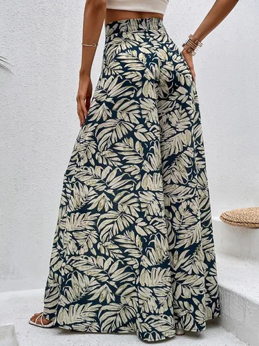 Vista 2 de WDIRARA Pantalones de pierna ancha y cintura alta con estampado tropical para mujer