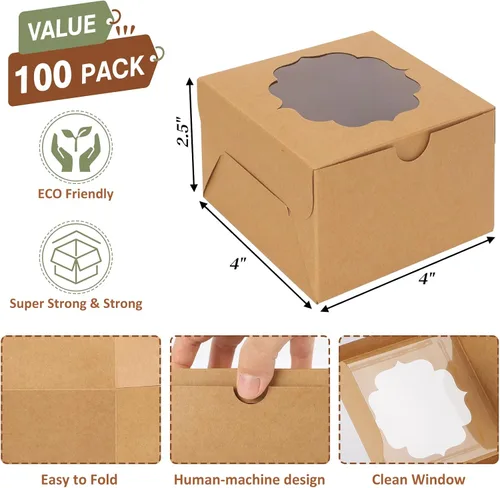 Vista 2 de TOMNK 100 cajas pequeñas de galletas de 4 x 4 x 2.5 pulgadas, mini cajas de postre con ventana para cupcakes, macarrones, chocolate, fresas