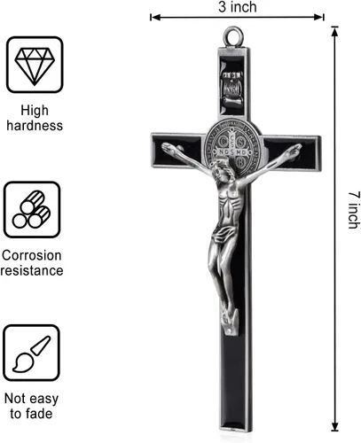 Vista 2 de Wellcho Crucifijo de pared esmaltado negro - Arte de pared de metal de San Benito, cruz de 7 pulgadas para dar bendición y lo sagrado espiritual