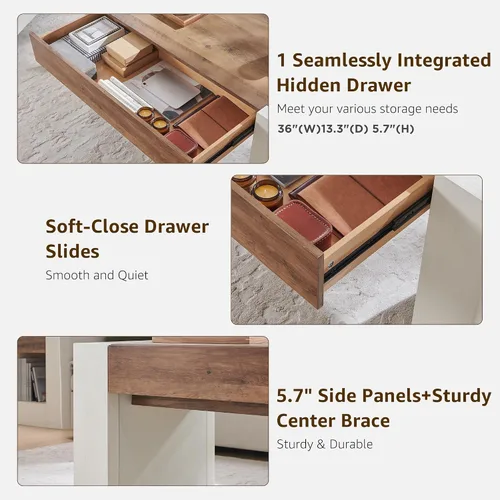 Vista 13 de OKD Mesa de café de 48" moderna estilo casa de campo, mesa de madera para sala de estar con cajón de almacenamiento oculto, mesas centrales