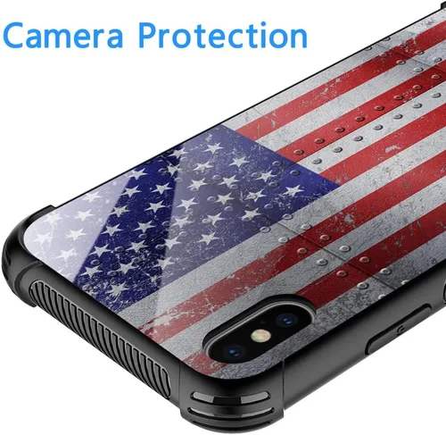 Vista 2 de Funda compatible con iPhone XS, fundas para mujer, a prueba de golpes, antiarañazos, patrón clásico de metal, bandera estadounidense roja y azul