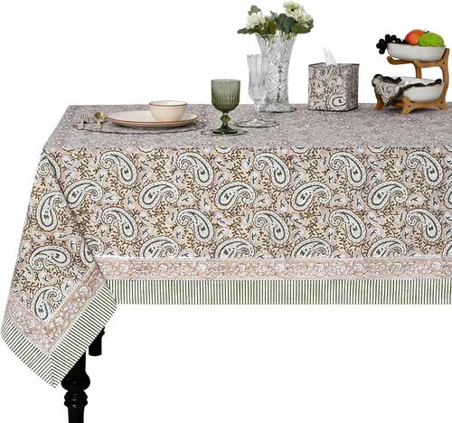 Vista 41 de Ridhi Mantel rectangular con estampado de bloque de mano verde espárragos Espárragos Verde Gadd