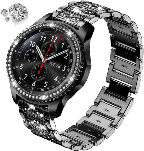 Vista 2 de DEALELE Correas compatibles con Samsung Galaxy Watch de 1.81 pulgadas / Gear S3 Frontier/Classic, correa de metal con diamantes de imitación 2# negro