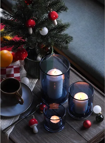 Vista 8 de Portavelas Azul para Velas de Pilar y Té, Jarrones Cilíndricos de Cristal con Burbujas Modernas Estilo Huracán, Centros de Mesa para Cocina, Isla