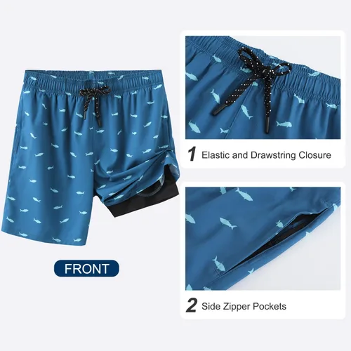 Vista 4 de HODOSPORTS Traje de baño para hombre de 7 pulgadas con forro de compresión S-6XL, pantalones cortos de natación de secado rápido, bolsillos
