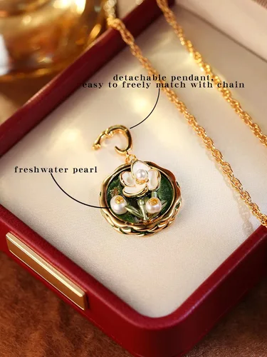 Vista 4 de Collar vintage Van Gogh flor verde pintura al óleo estilo colgante collares para mujer