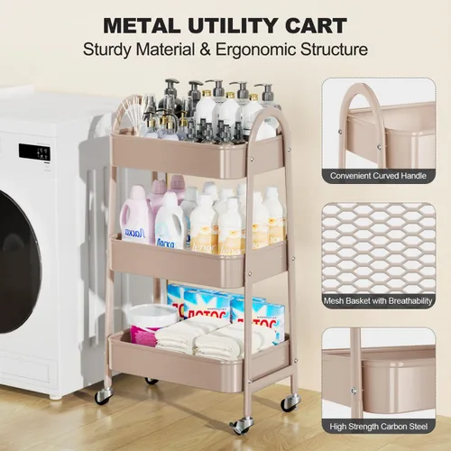 Vista 3 de EAGMAK Carrito rodante de 3 niveles, carrito de almacenamiento de metal grande con asa y ruedas con cerradura, organizador de almacenamiento