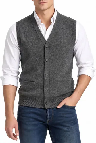 Vista 9 de Cloudstyle Chaleco de suéter para hombre con cuello en V y botones Negro