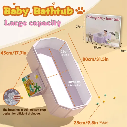 Vista 3 de Bañera plegable para bebés, bandeja de ducha antideslizante portátil para niños, bañera para niños pequeños con tapón de drenaje, piscina de agua