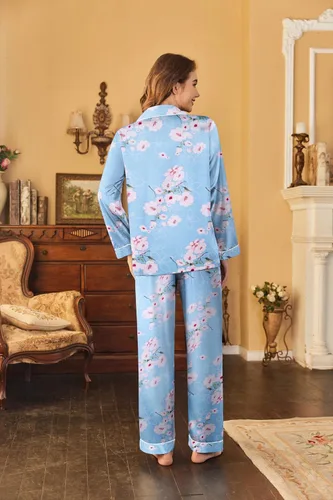 Vista 5 de Ekouaer - Conjunto de pijama clásico de seda satinada, con botones, para mujer