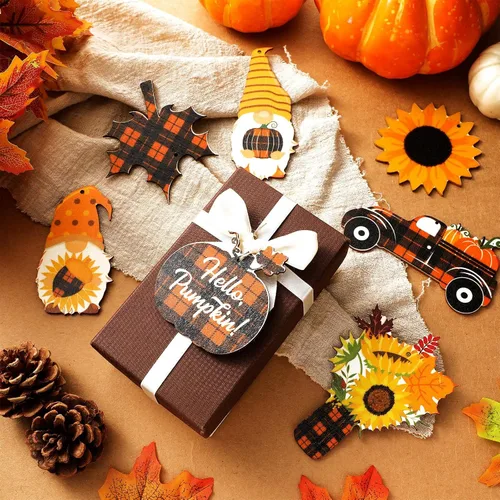 Vista 4 de Weysat 24 adornos de otoño para árbol de Acción de Gracias, gnomos de madera, adornos colgantes de gnomos de girasol, decoración de madera
