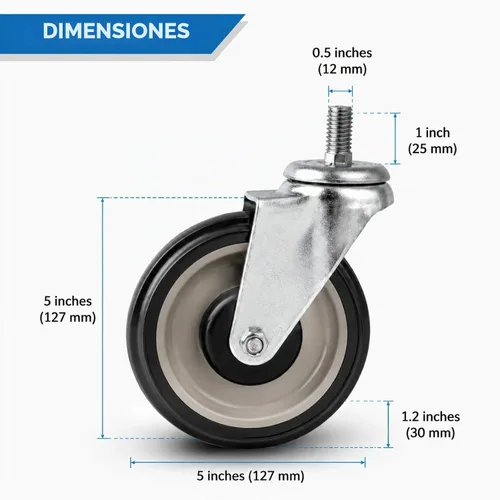 Vista 2 de Paquete de 4 ruedas de repuesto para carrito de compras de 5 pulgadas, ruedas de vástago roscado de 1/2 a 13 x 1