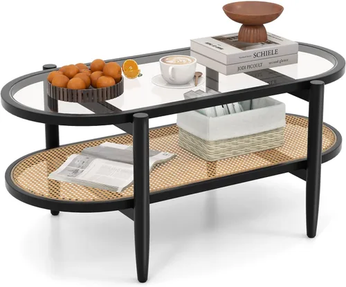 Vista 3 de Giantex Mesa de centro de ratán, mesa de té de madera ovalada de 2 niveles con mesa de vidrio templado y estante de almacenamiento de ratán de Negro