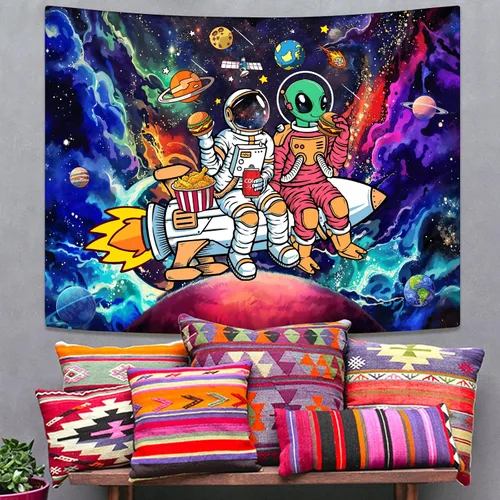 Vista 4 de Accnicc Divertido tapiz de astronauta espacial alienígena para dormitorio, estético, cohete, universo, galaxia, planetas, tapices para colgar