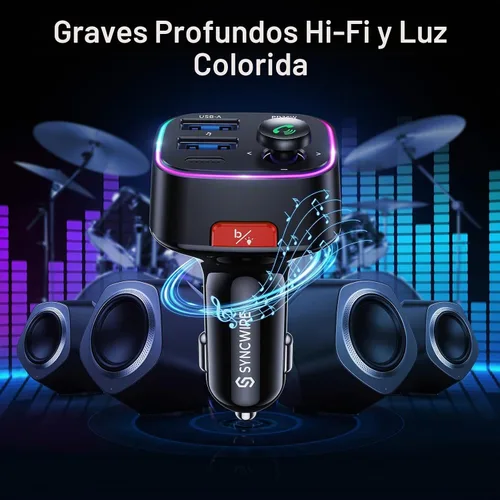 Vista 4 de Syncwire Bluetooth 5.4 Transmisor FM Adaptador de coche 48W (PD 36W y 12W) [Interruptor de luz] [Sonido de bajo HiFi] [Carga rápida] Adaptador
