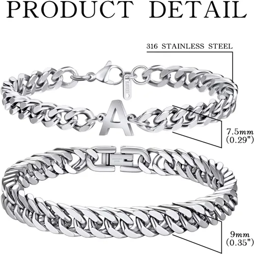 Vista 5 de Ritach Initial Bracelets for Men Silver, 2PCS Stainless Steel Cuban Chain Link Initial Bracelets for Mens Bracelet Set Letter A-Z Bracelets for Men