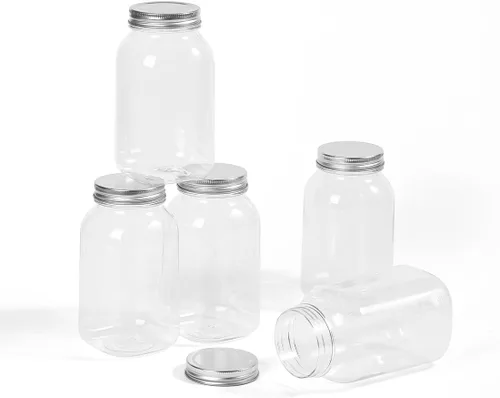 Vista 7 de Paquete de 6 tarros Mason de 32 onzas de plástico transparente con tapa Silver Matel Tarros vacíos de plástico para cocina y hogar