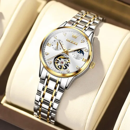 Vista 2 de OLEVS Reloj automático para mujer, de lujo, con cuerda automática, de diamante, de acero inoxidable, de fase lunar, impermeable, esfera azul luminosa