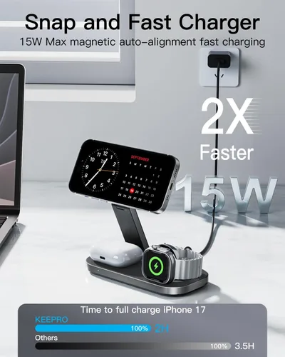 Vista 2 de Keepro Estación de carga 3 en 1 para dispositivo Apple, soporte de carga rápida inalámbrico magnético plegable compatible con MagSafe para iPhone