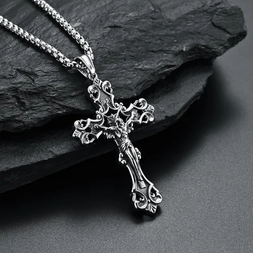 Vista 2 de Collar con colgante de cruz de oración del Señor de acero inoxidable con crucifijo de Jesucristo y versículo bíblico para hombresniñosmujeres