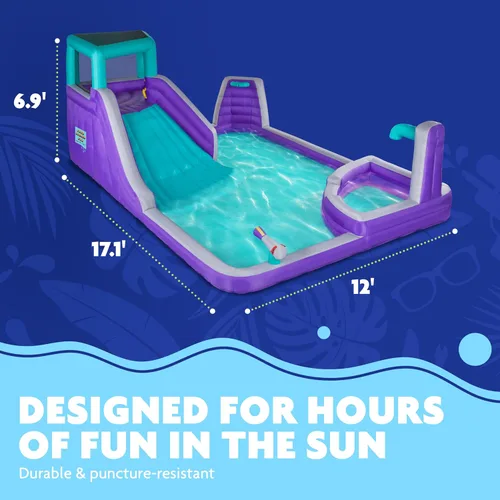 Vista 3 de Sunny & Fun - Parque inflable de cuatro esquinas, resistente para diversión al aire libre, pared de escalada, tobogán y piscina profunda, fácil
