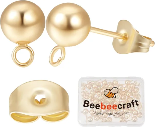 Vista 6 de Beebeecraft 50 aretes de bola de 0.118 pulgadas chapados en oro de 24 quilates de acero inoxidable con bucle, 50 piezas de respaldo, fabricación
