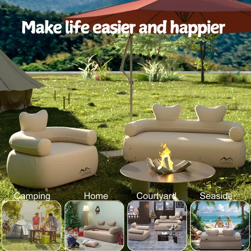 Vista 2 de Sofá inflable plegable, silla de camping para adultos, impermeable, soporte para sofá de aire al aire libre, 660 libras, para camping, viajes, bomba
