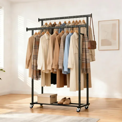 Vista 5 de Perchero de ropa con ruedas para colgar ropa, perchero resistente para ropa portátil, estante de metal para dormitorio, lavandería, sala de estar