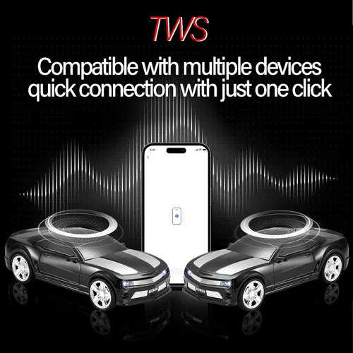 Vista 3 de WSTER Altavoz Bluetooth modelo de coche deportivo con sonido estéreo, emparejamiento TWS, luces LED de fiesta, reproducción USB/TF, ruedas móviles