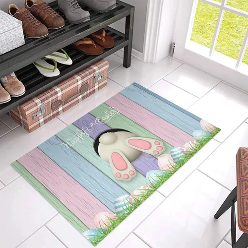Vista 3 de Tapete de baño absorbente para interiores, tapete antideslizante para puerta delantera, tapete de primavera, Pascua, conejo, huevo, pastizales