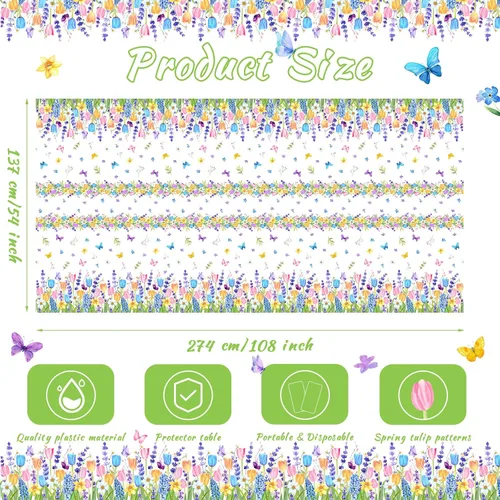 Vista 2 de 3 manteles florales desechables de plástico, mantel rectangular de tulipán lavanda, mantel de primavera y verano para mesa rectangular, hogar