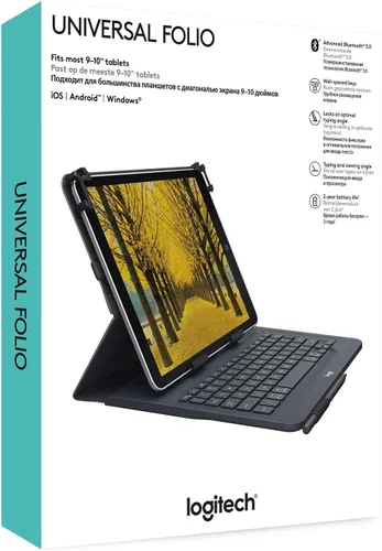 Vista 7 de Logitech Folio universal con teclado Bluetooth 3.0 integrado para Apple de 9 a 10 pulgadas, Android, tabletas Windows, color negro