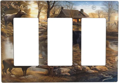 Vista 91 de Bear Moose Lodge Woodland - Placa de interruptor de luz dúplex individual de 1 banda, cubierta de salida decorativa de pared, placa frontal
