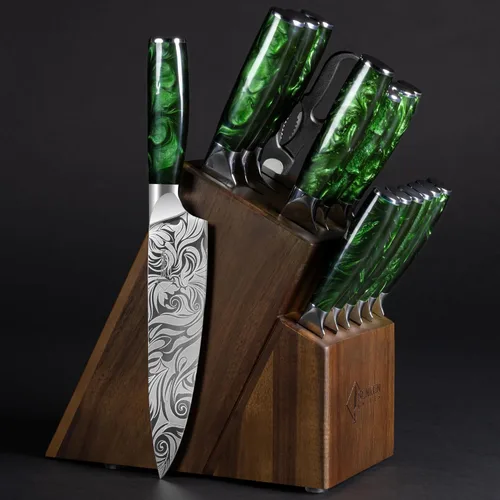 Vista 7 de SENKEN - Juego de cuchillos profesionales para carne con hermoso patrón grabado, colección Wasabi, acero de alto carbono dentado afilado y mango
