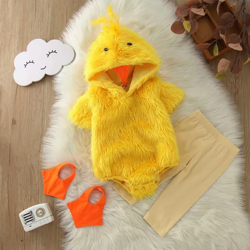 Vista 3 de Disfraz de pollo para bebé, disfraz de Halloween, disfraz de bebé niño y niña, mameluco con capucha de animal Amarillo