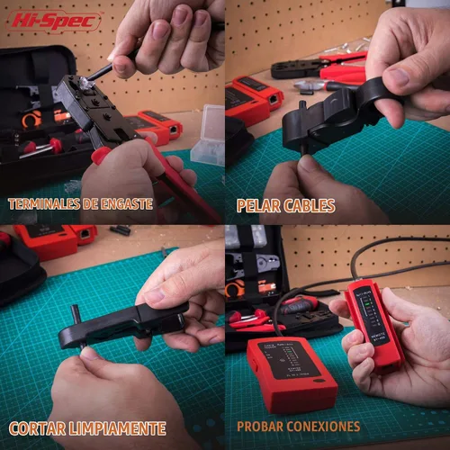Vista 5 de Hi-Spec Juego de herramientas de probador de cables de red de 9 piezas para CAT5, CAT6, RJ11, RJ45. Engarzadora Ethernet LAN, perforación