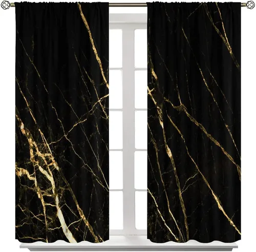 Vista 83 de Cortinas Negras con Dobladillo Dorado, Cortinas Opacas con Bolsillo para Barra con Estampado de Rayas de Foil en Onda Dorada para Decoración de Negro