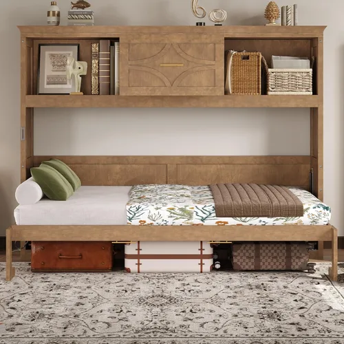 Vista 4 de MERITLINE Cama Murphy horizontal individual con estantes de almacenamiento, cajón y estación de carga, cama de pared de madera maciza con Madera