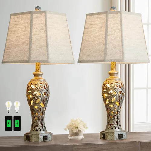 Vista 12 de Lámpara de mesa de granja de 25 pulgadas para sala de estar y dormitorio, lámpara de noche de diseño rústico vintage con 2 puertos USB y luz