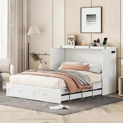 Vista 24 de Baúl móvil Murphy de tamaño Queen con módulo USB integrado de doble alimentación/USB, armario moderno y tradicional de madera maciza con cajón Gris-A