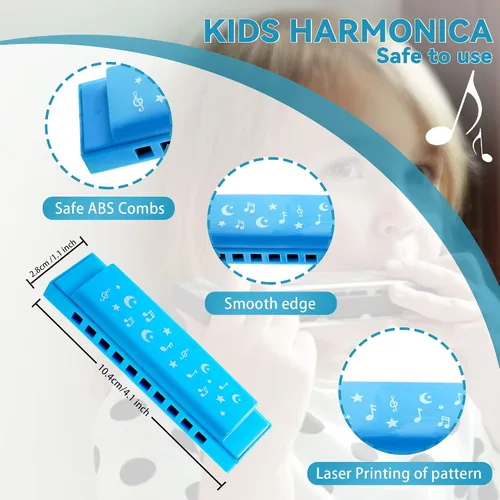 Vista 5 de EAST TOP Juego de 3 instrumentos musicales de grabadora que incluye armónica, flauta, pandereta para niños, estudiantes que juegan como regalo Azul