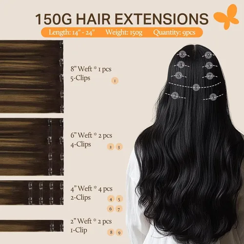 Vista 2 de DOORES Extensiones de cabello humano con clip, instalación rápida de 5 # 2/6/2 marrón oscuro a castaño marrón