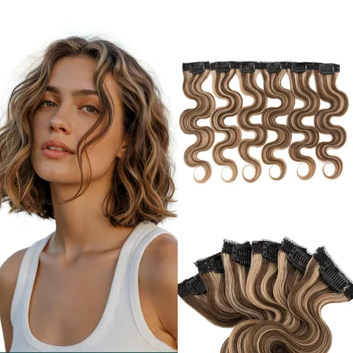 Vista 14 de 6 extensiones de cabello real con 6 clips, cabello ondulado de 10 pulgadas, color marrón oscuro