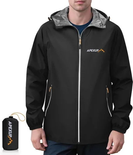 Vista 14 de APEXUP Chaqueta de lluvia empacable para hombre con cremallera reflectante, impermeable ligero, chaqueta de lluvia para hombre para deportes al aire