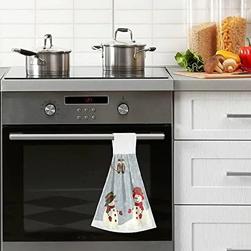 Vista 5 de Toallas de cocina con diseño de búho de muñeco de nieve de invierno, toalla de mano colgante con lazo, 2 unidades, paño suave y absorbente